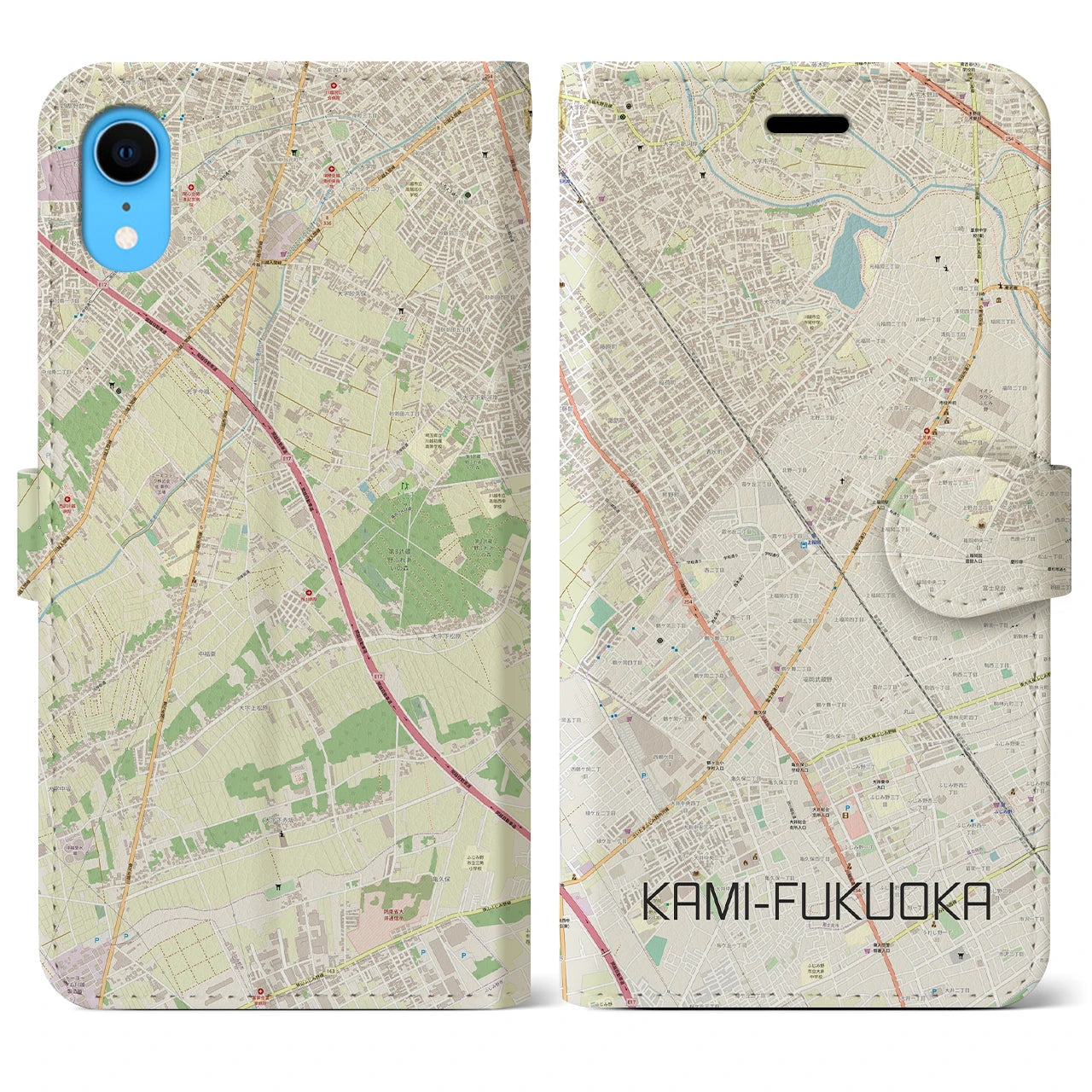 【上福岡（埼玉県）】地図柄iPhoneケース（手帳タイプ）ナチュラル・iPhone XR 用