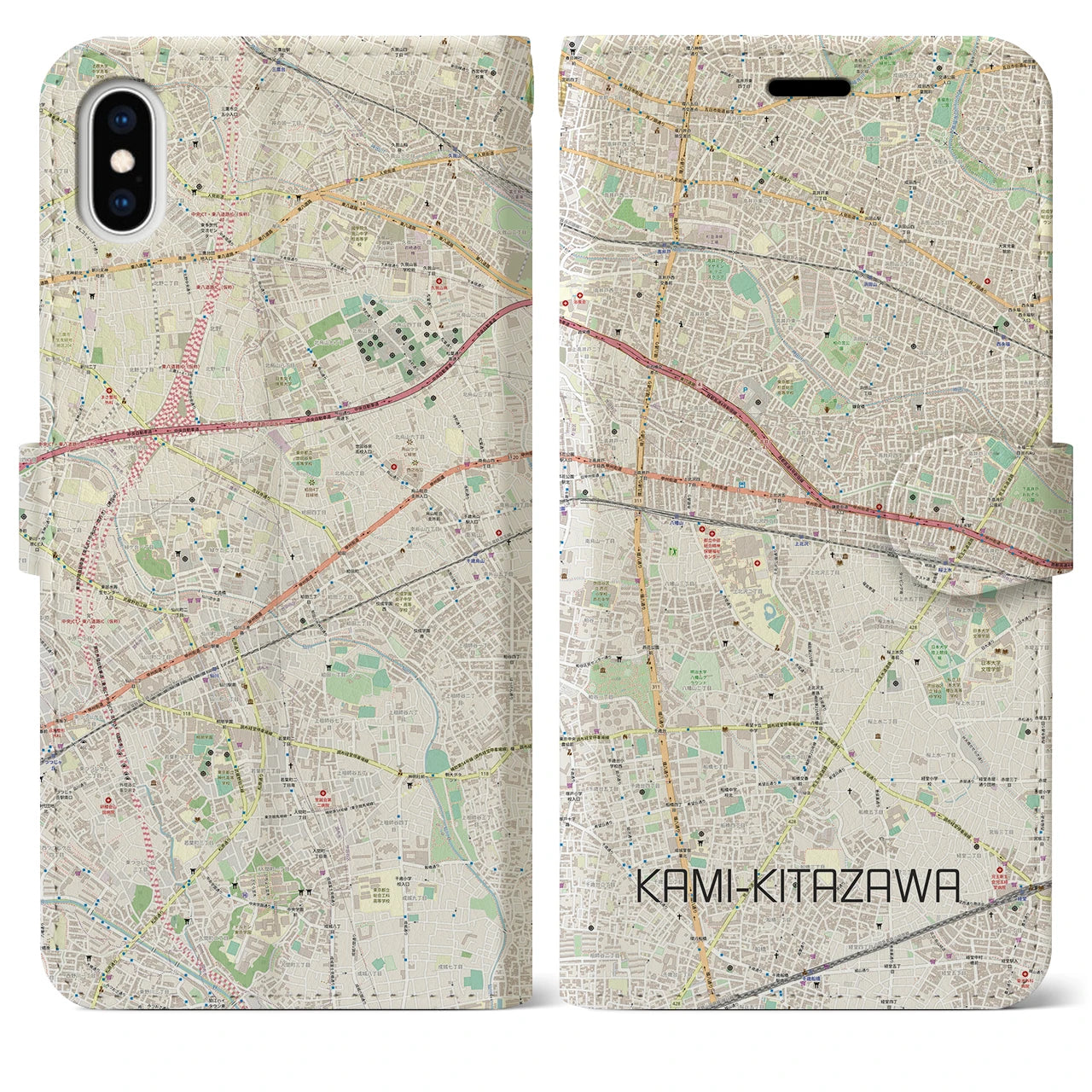 【上北沢（東京都）】地図柄iPhoneケース（手帳タイプ）ナチュラル・iPhone XS Max 用