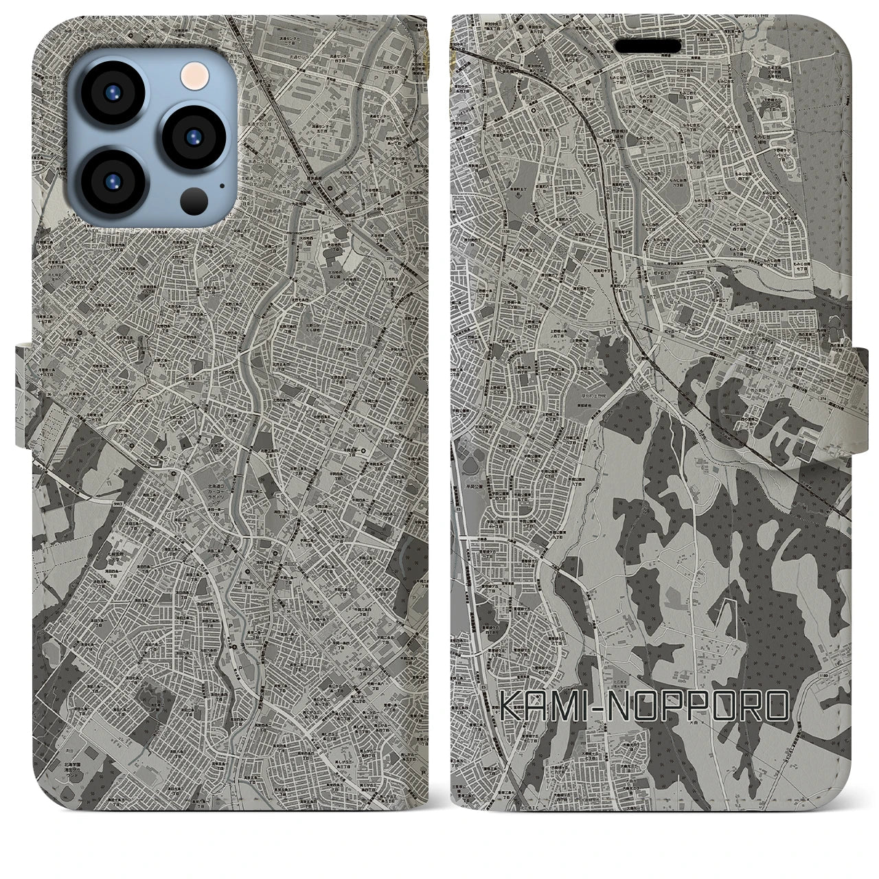 【上野幌（北海道）】地図柄iPhoneケース（手帳タイプ）モノトーン・iPhone 13 Pro Max 用