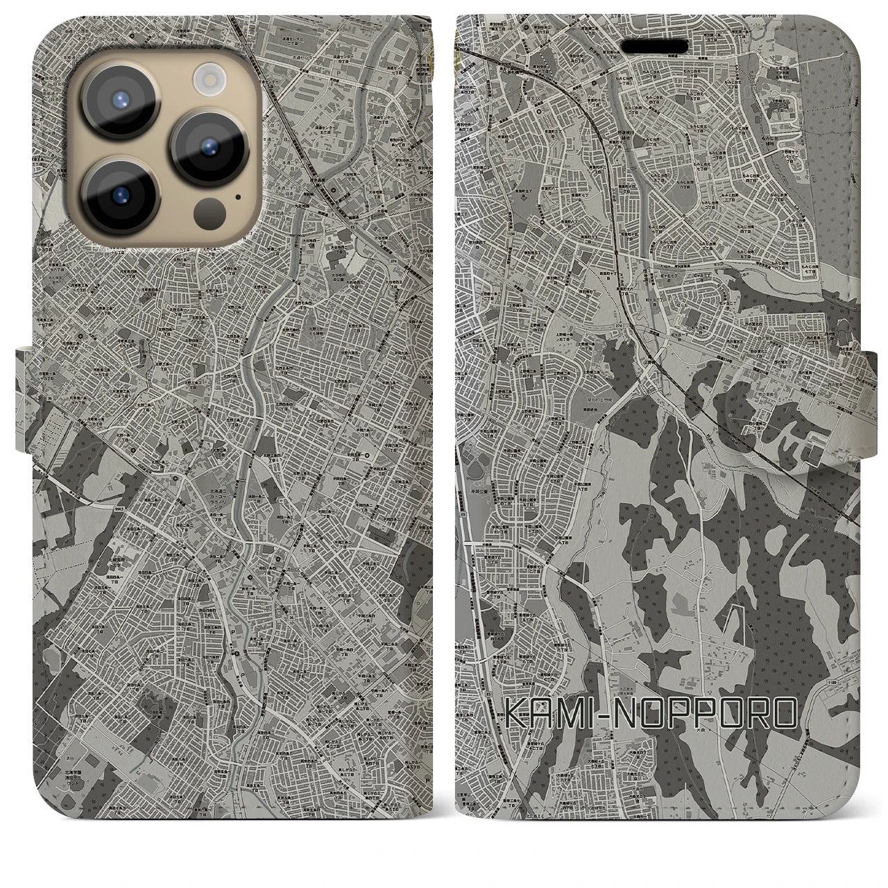 【上野幌】地図柄iPhoneケース（手帳両面タイプ・モノトーン）iPhone 14 Pro Max 用