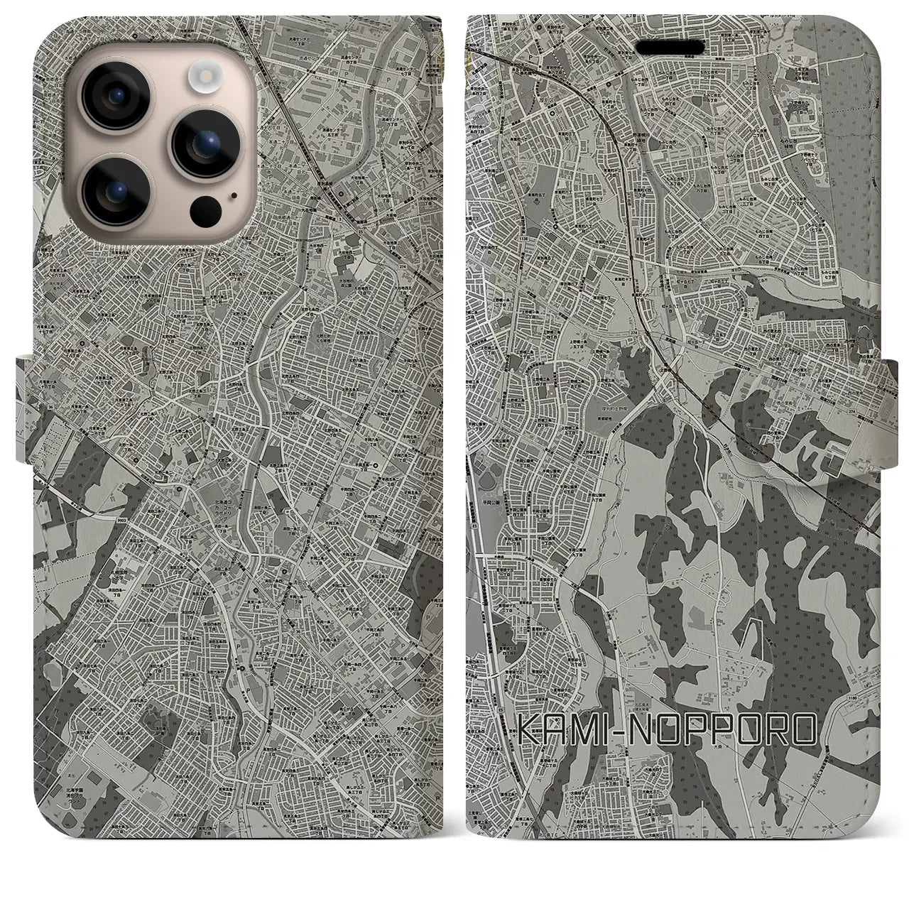 【上野幌（北海道）】地図柄iPhoneケース（手帳タイプ）モノトーン・iPhone 16 Plus 用