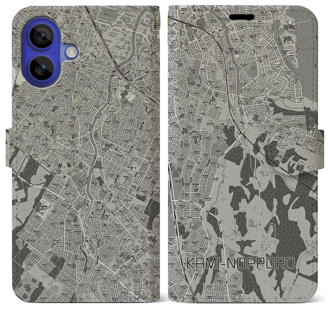 【上野幌(北海道)】地図柄iPhoneケース(手帳タイプ)モノトーン・iPhone 16 Pro Max 用
