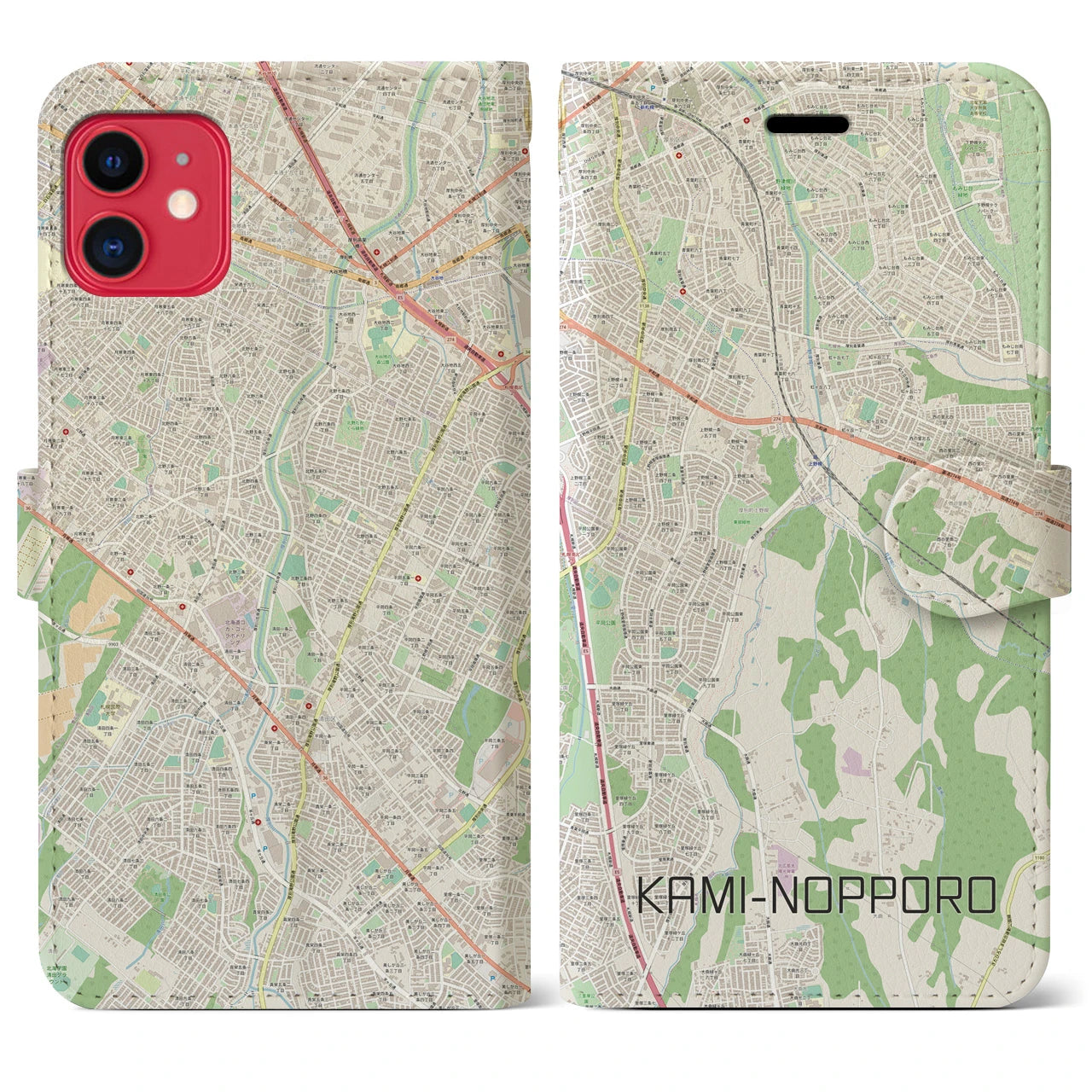 【上野幌（北海道）】地図柄iPhoneケース（手帳タイプ）ナチュラル・iPhone 11 用