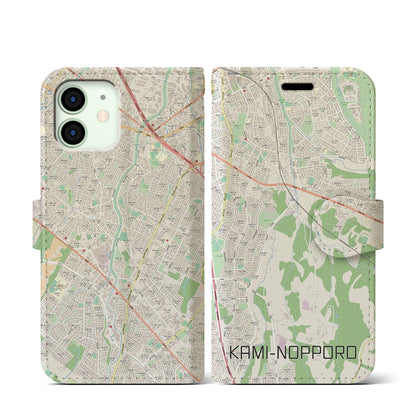 【上野幌（北海道）】地図柄iPhoneケース（手帳タイプ）ナチュラル・iPhone 12 mini 用