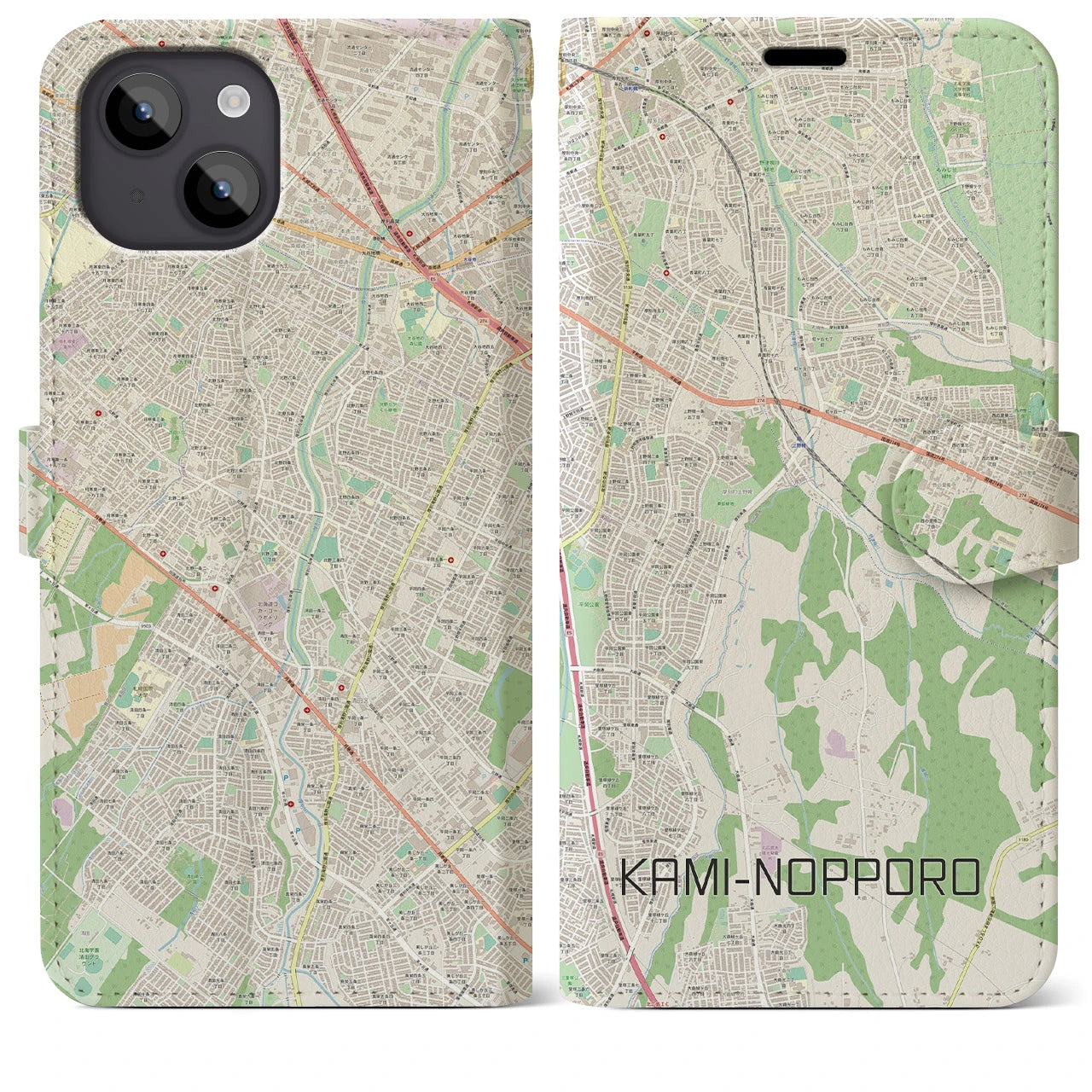 【上野幌（北海道）】地図柄iPhoneケース（手帳タイプ）ナチュラル・iPhone 14 Plus 用