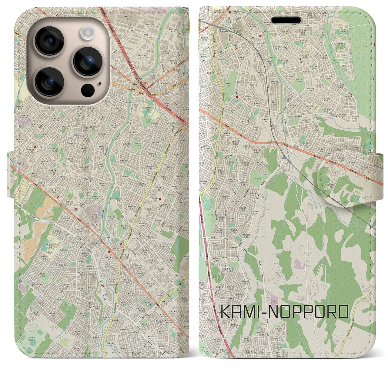 【上野幌（北海道）】地図柄iPhoneケース（手帳タイプ）ナチュラル・iPhone 16 Plus 用