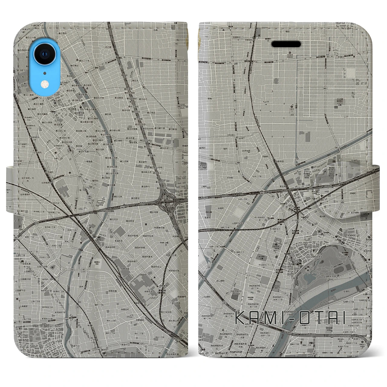 【上小田井】地図柄iPhoneケース（手帳両面タイプ・モノトーン）iPhone XR 用