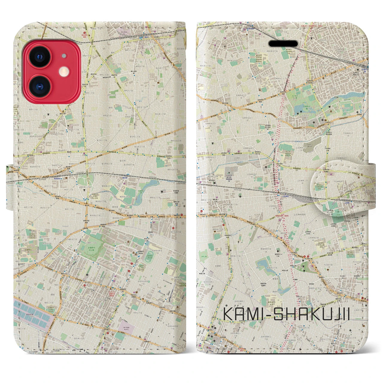 【上石神井（東京都）】地図柄iPhoneケース（手帳タイプ）ナチュラル・iPhone 11 用