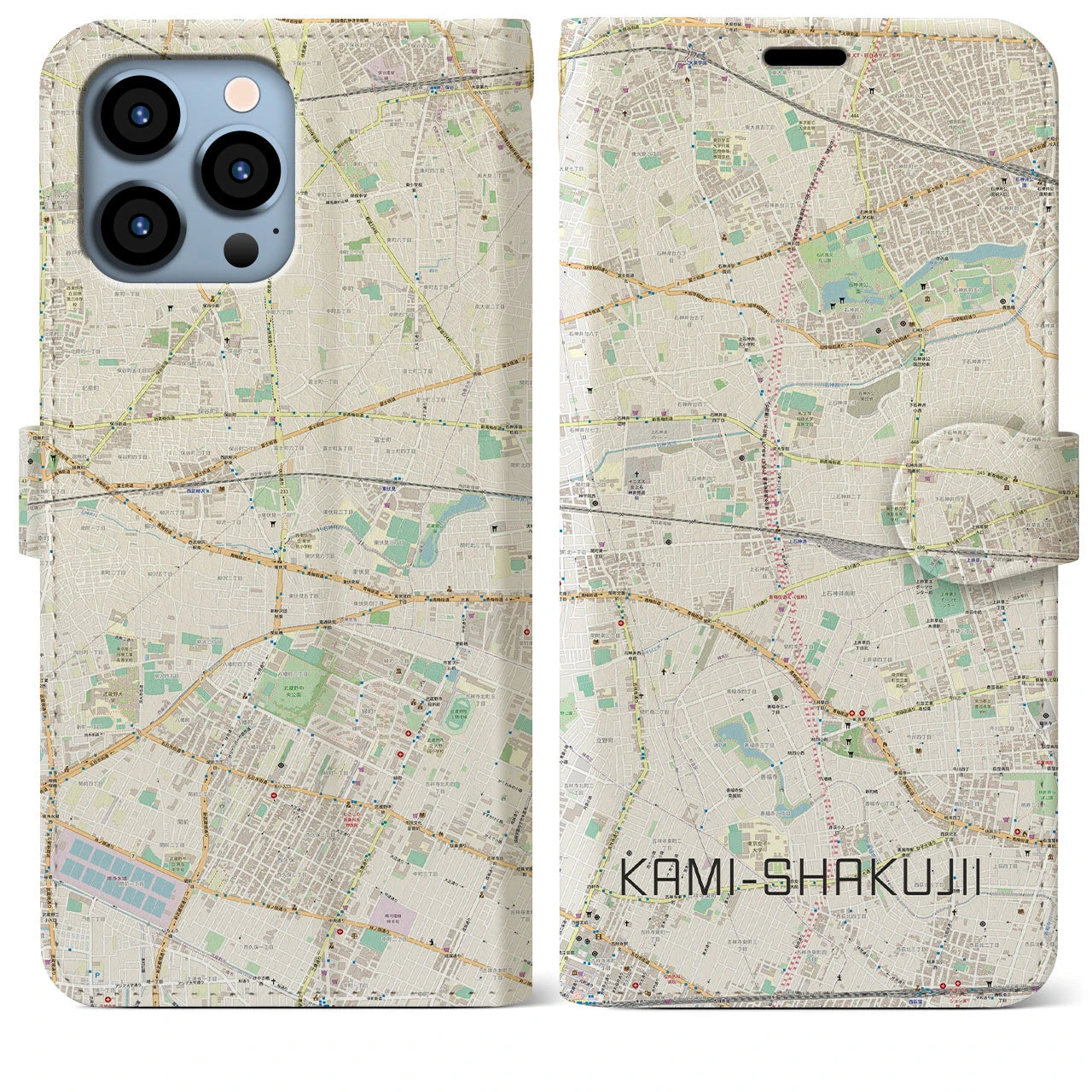 【上石神井（東京都）】地図柄iPhoneケース（手帳タイプ）ナチュラル・iPhone 13 Pro Max 用