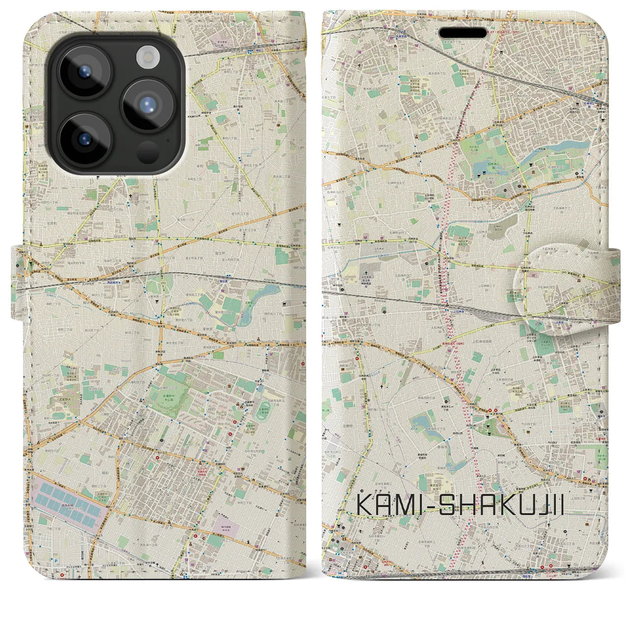 【上石神井（東京都）】地図柄iPhoneケース（手帳タイプ）ナチュラル・iPhone 15 Pro Max 用