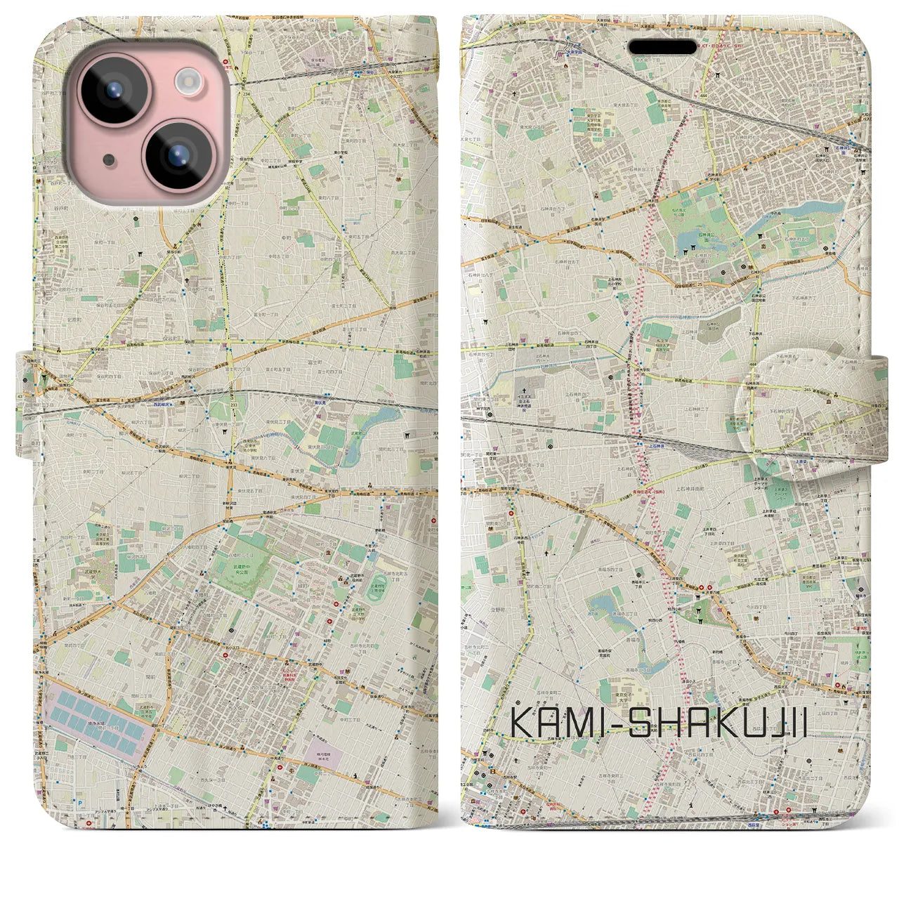 【上石神井（東京都）】地図柄iPhoneケース（手帳タイプ）ナチュラル・iPhone 15 Plus 用