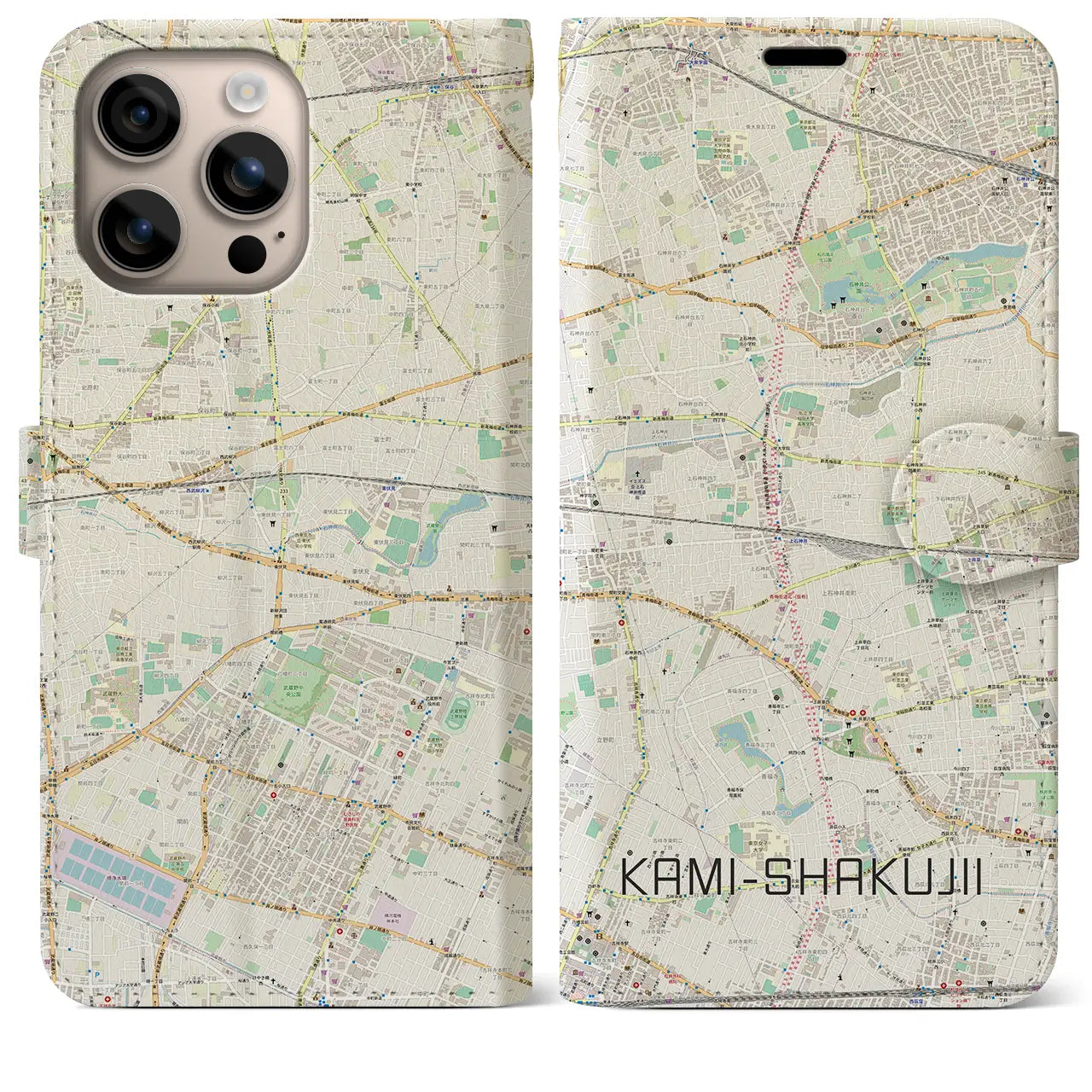 【上石神井（東京都）】地図柄iPhoneケース（手帳タイプ）ナチュラル・iPhone 16 Plus 用