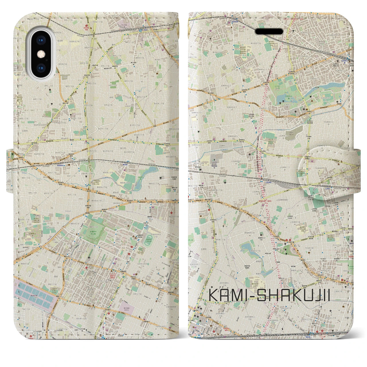 【上石神井（東京都）】地図柄iPhoneケース（手帳タイプ）ナチュラル・iPhone XS Max 用