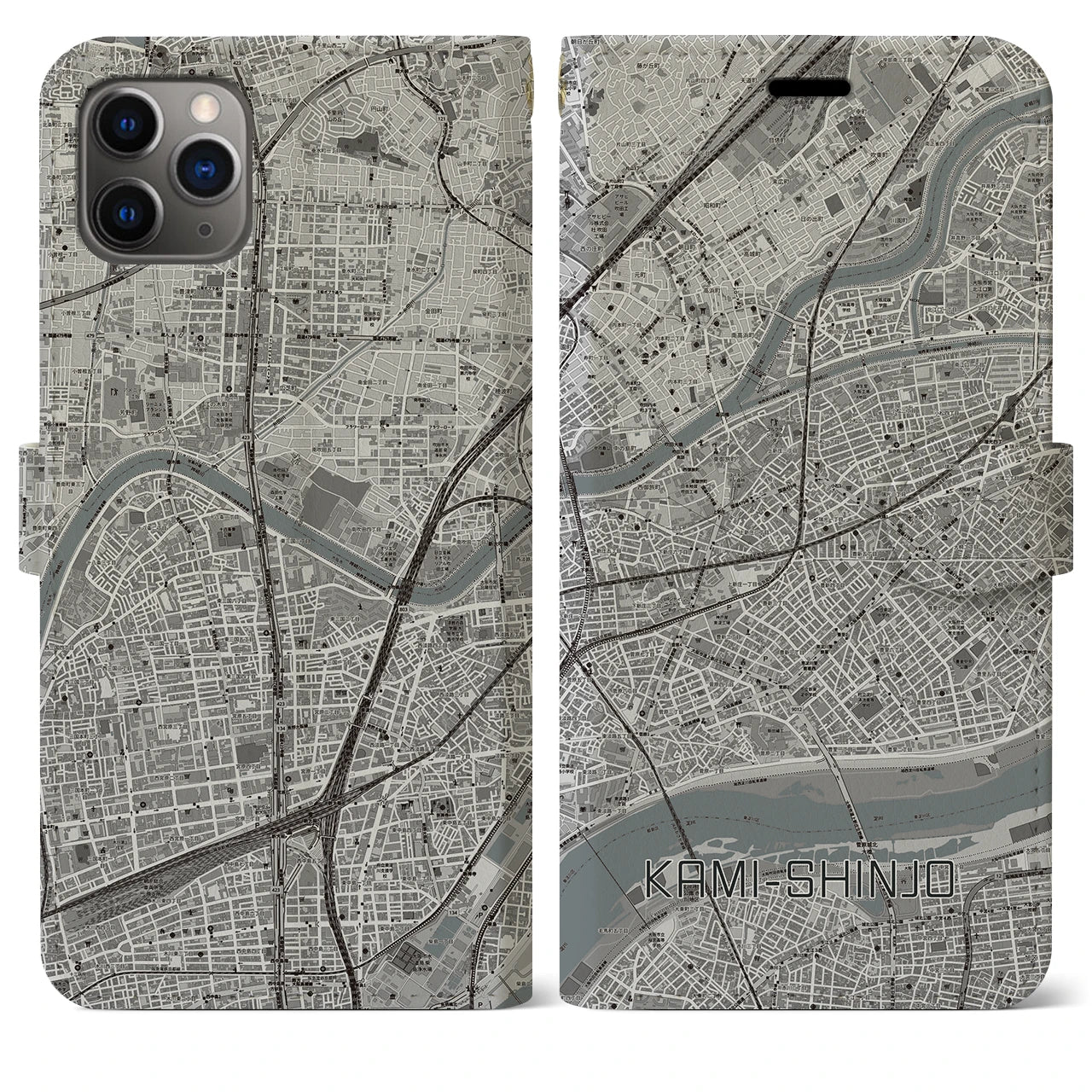 【上新庄】地図柄iPhoneケース（手帳両面タイプ・モノトーン）iPhone 11 Pro Max 用