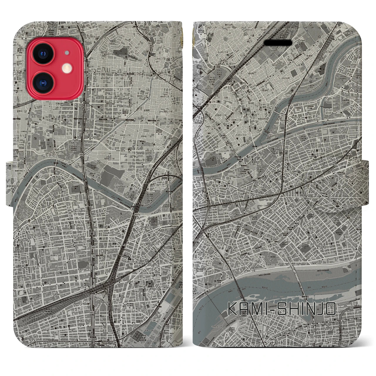 【上新庄（大阪府）】地図柄iPhoneケース（手帳タイプ）モノトーン・iPhone 11 用