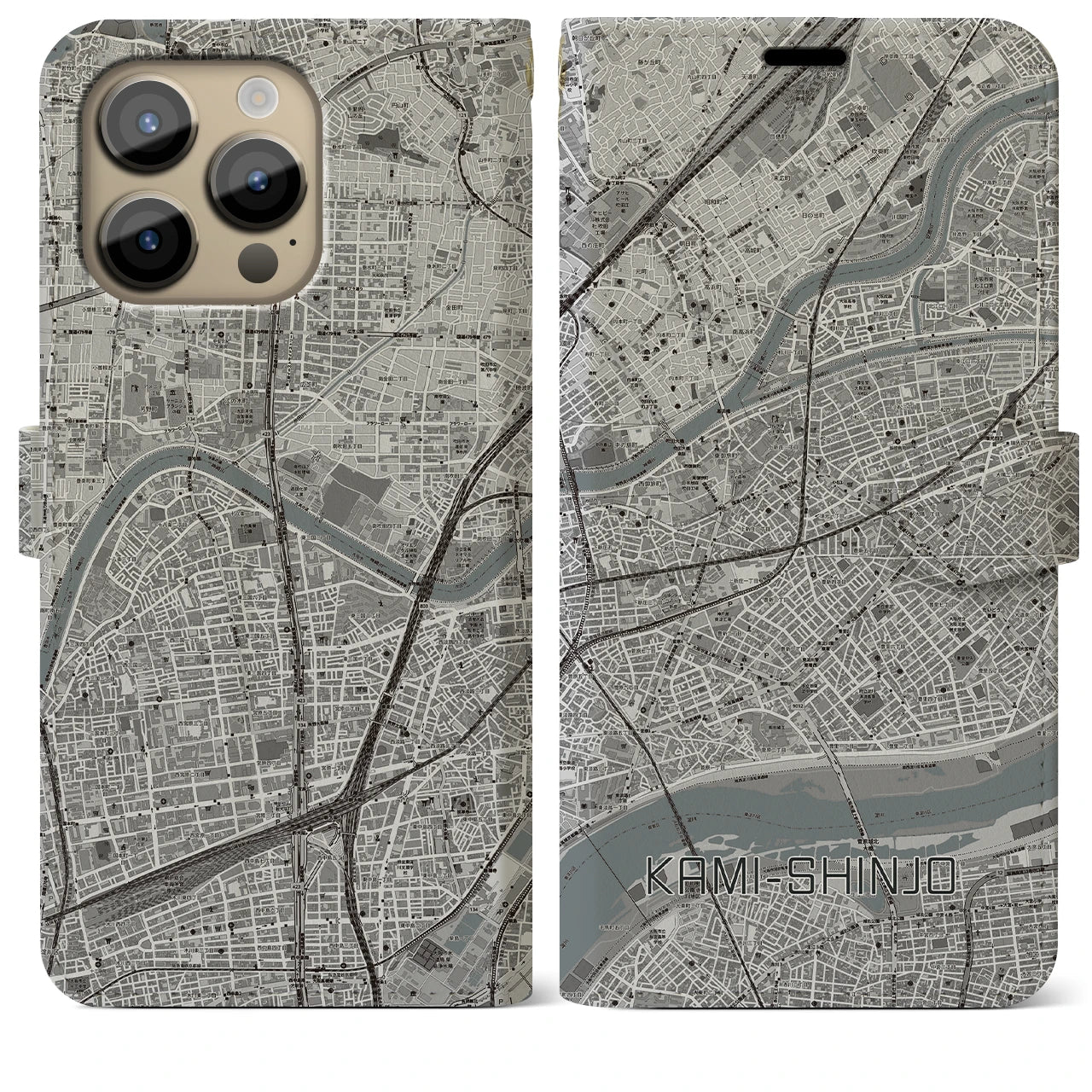 【上新庄】地図柄iPhoneケース（手帳両面タイプ・モノトーン）iPhone 14 Pro Max 用