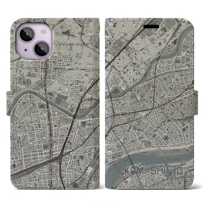 【上新庄（大阪府）】地図柄iPhoneケース（手帳タイプ）モノトーン・iPhone 14 用