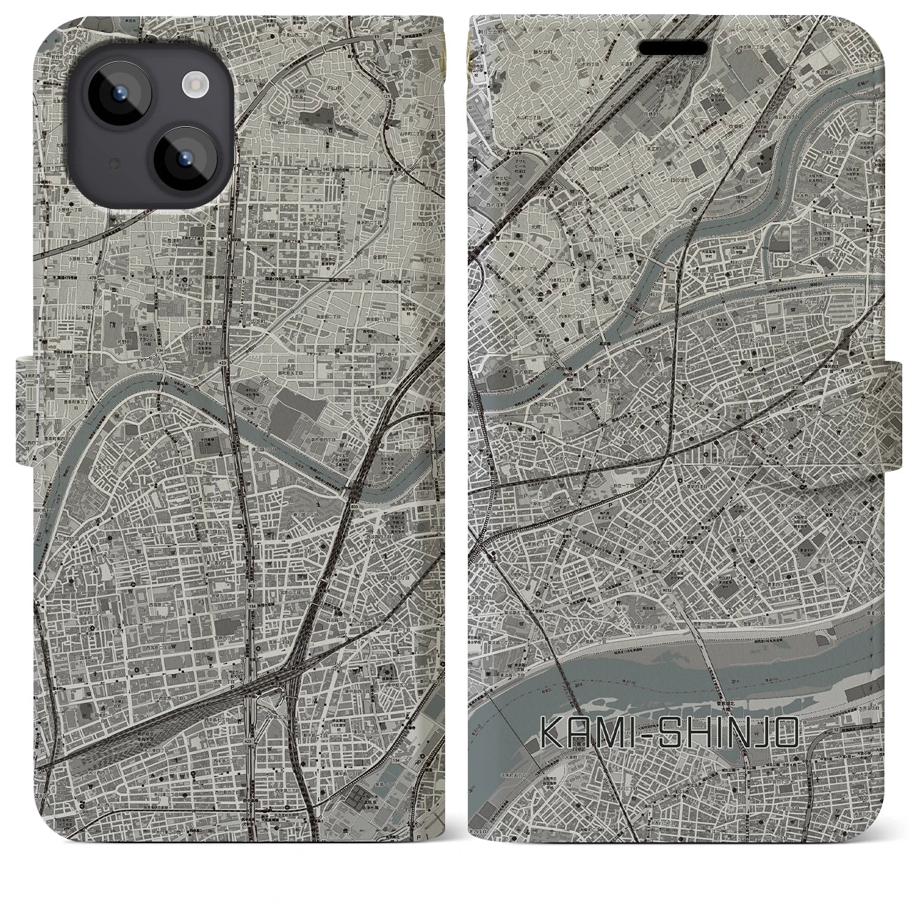 【上新庄（大阪府）】地図柄iPhoneケース（手帳タイプ）モノトーン・iPhone 14 Plus 用