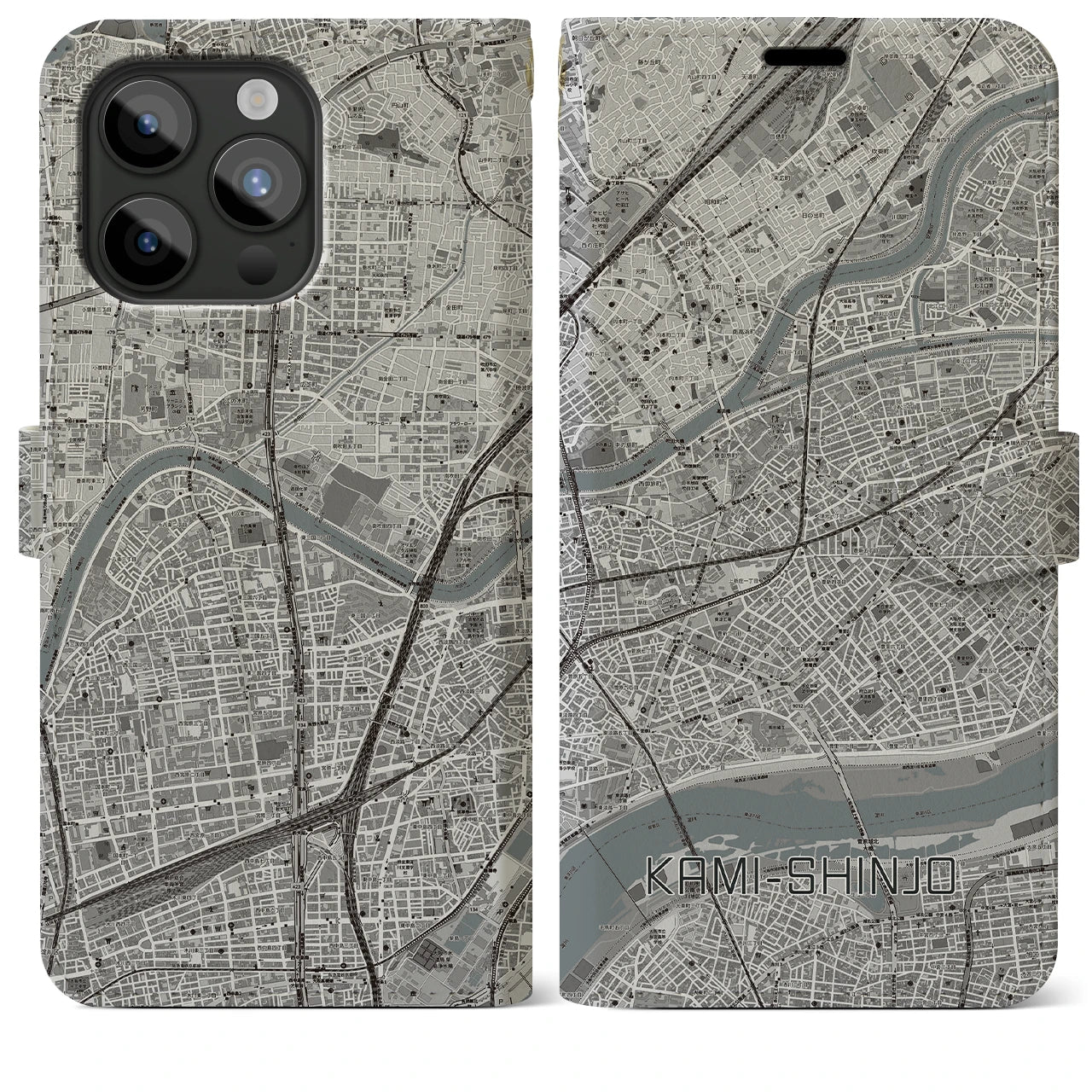 【上新庄（大阪府）】地図柄iPhoneケース（手帳タイプ）モノトーン・iPhone 15 Pro Max 用