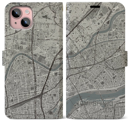 【上新庄（大阪府）】地図柄iPhoneケース（手帳タイプ）モノトーン・iPhone 15 Plus 用