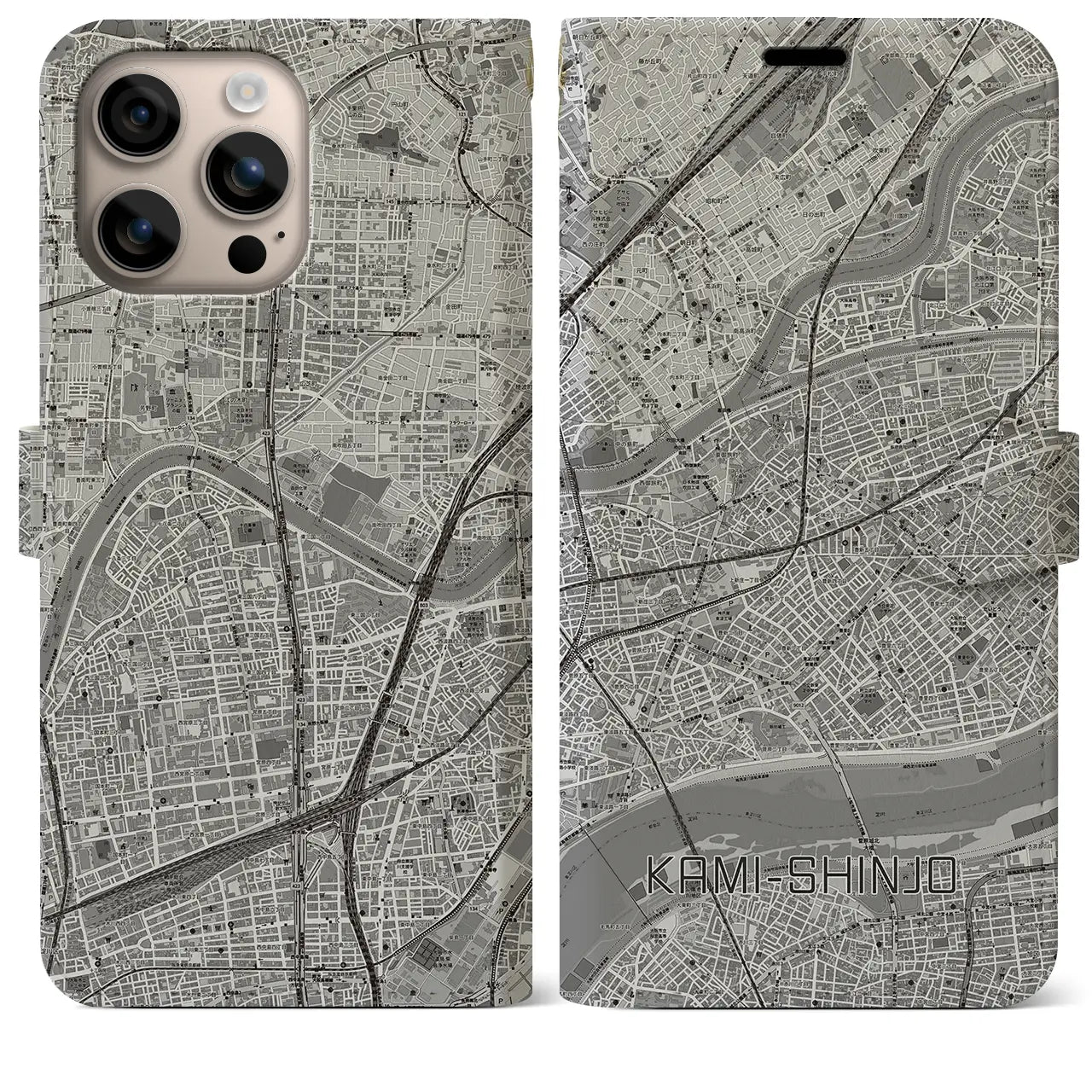 【上新庄（大阪府）】地図柄iPhoneケース（手帳タイプ）モノトーン・iPhone 16 Plus 用