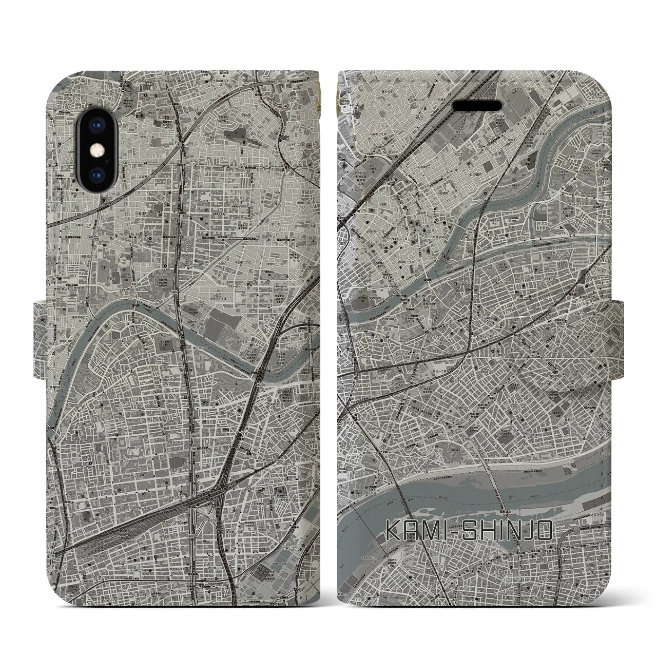 【上新庄（大阪府）】地図柄iPhoneケース（手帳タイプ）モノトーン・iPhone XS / X 用