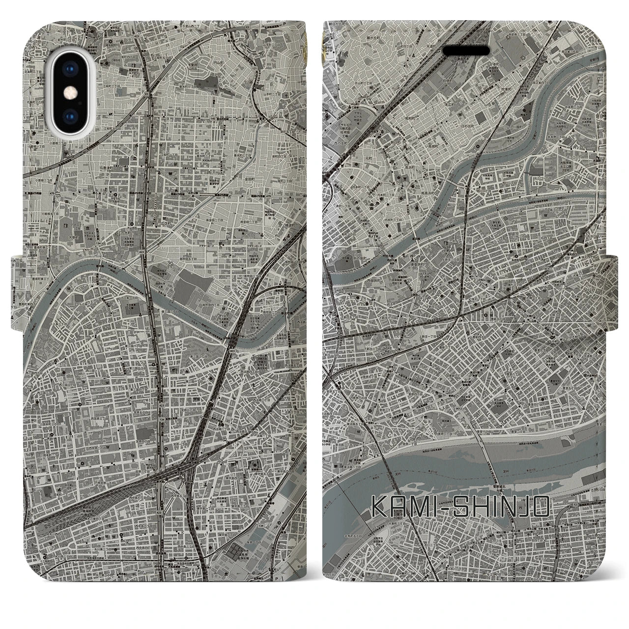 【上新庄（大阪府）】地図柄iPhoneケース（手帳タイプ）モノトーン・iPhone XS Max 用