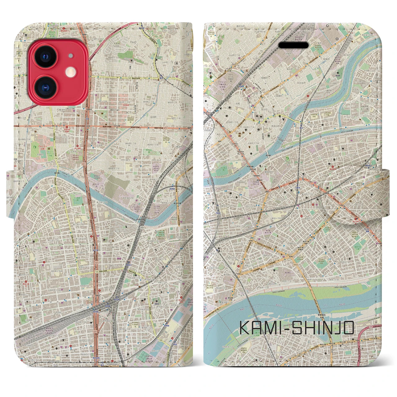 【上新庄（大阪府）】地図柄iPhoneケース（手帳タイプ）ナチュラル・iPhone 11 用