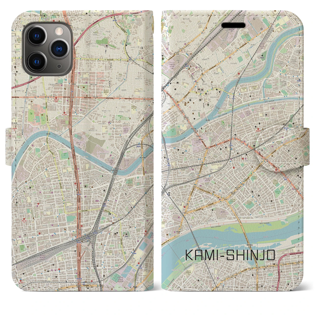 【上新庄（大阪府）】地図柄iPhoneケース（手帳タイプ）ナチュラル・iPhone 11 Pro Max 用