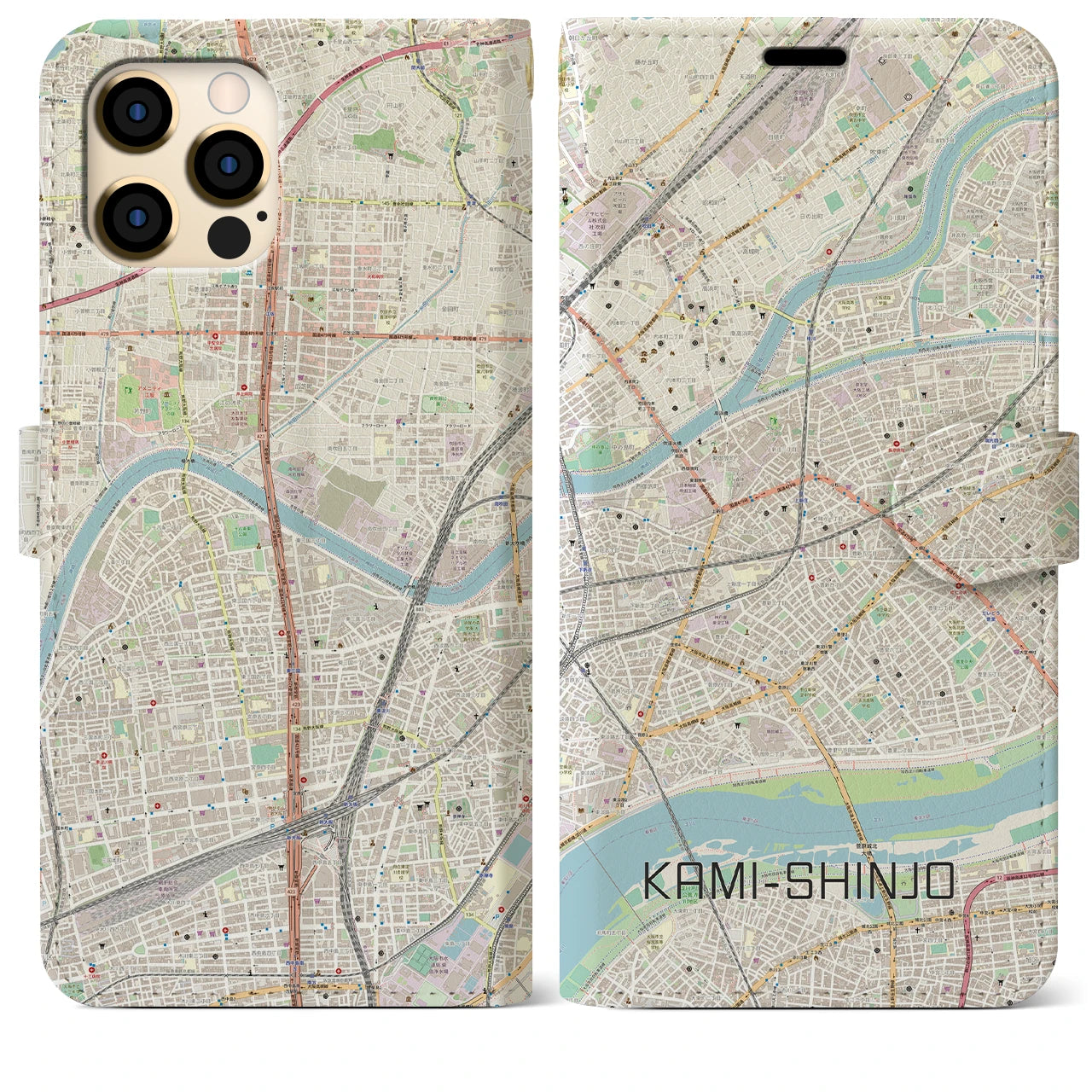 【上新庄（大阪府）】地図柄iPhoneケース（手帳タイプ）ナチュラル・iPhone 12 Pro Max 用