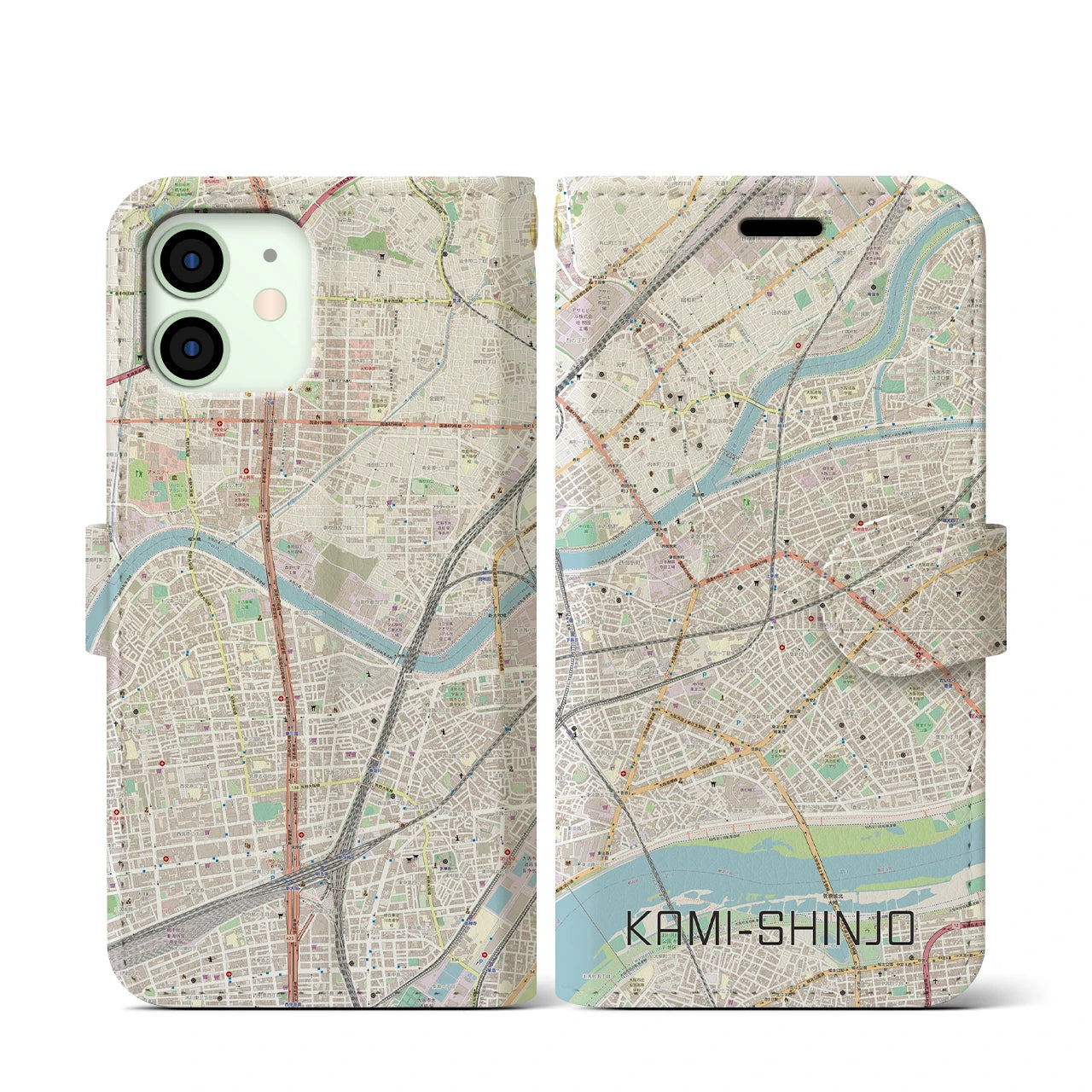 【上新庄（大阪府）】地図柄iPhoneケース（手帳タイプ）ナチュラル・iPhone 12 mini 用