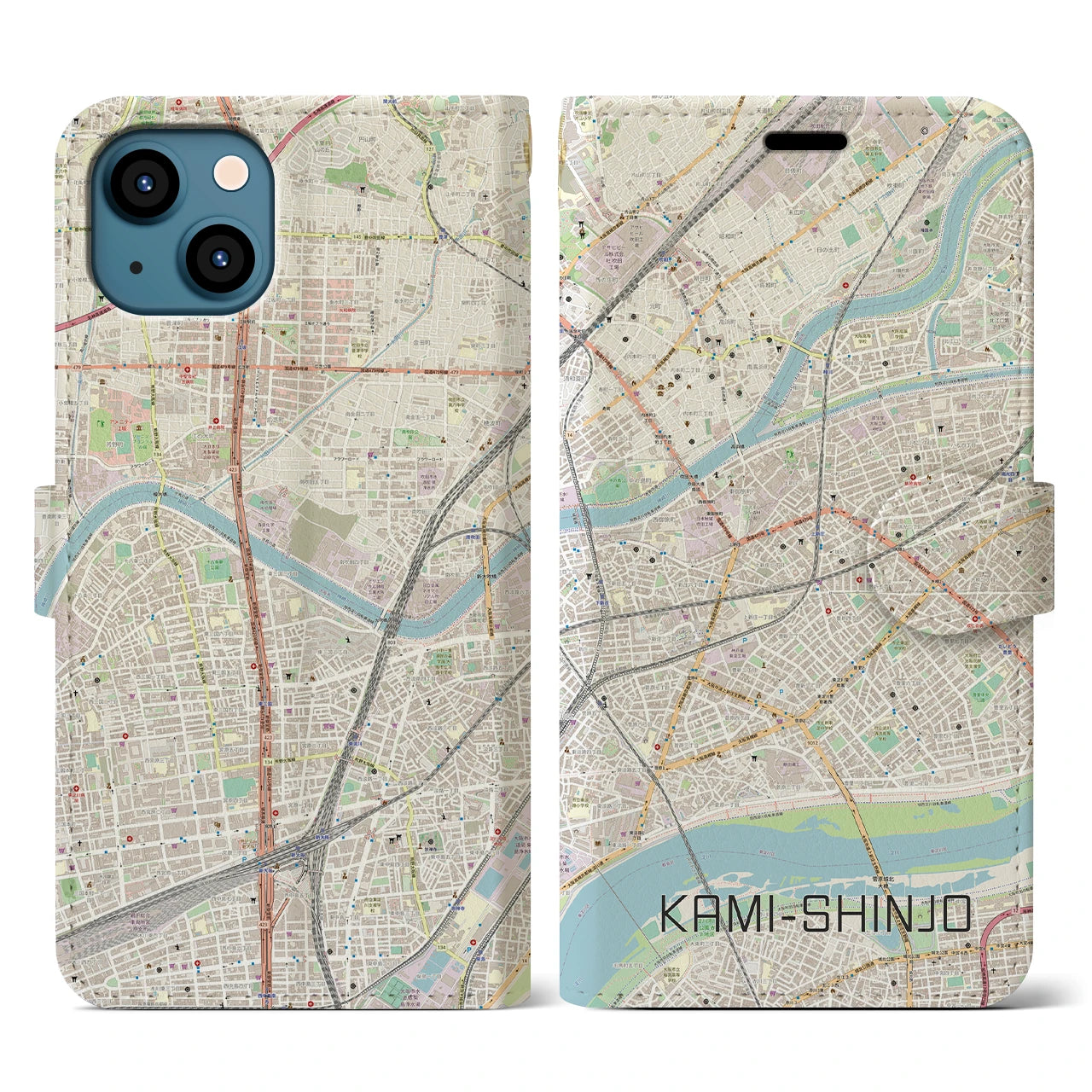 【上新庄（大阪府）】地図柄iPhoneケース（手帳タイプ）ナチュラル・iPhone 13 用