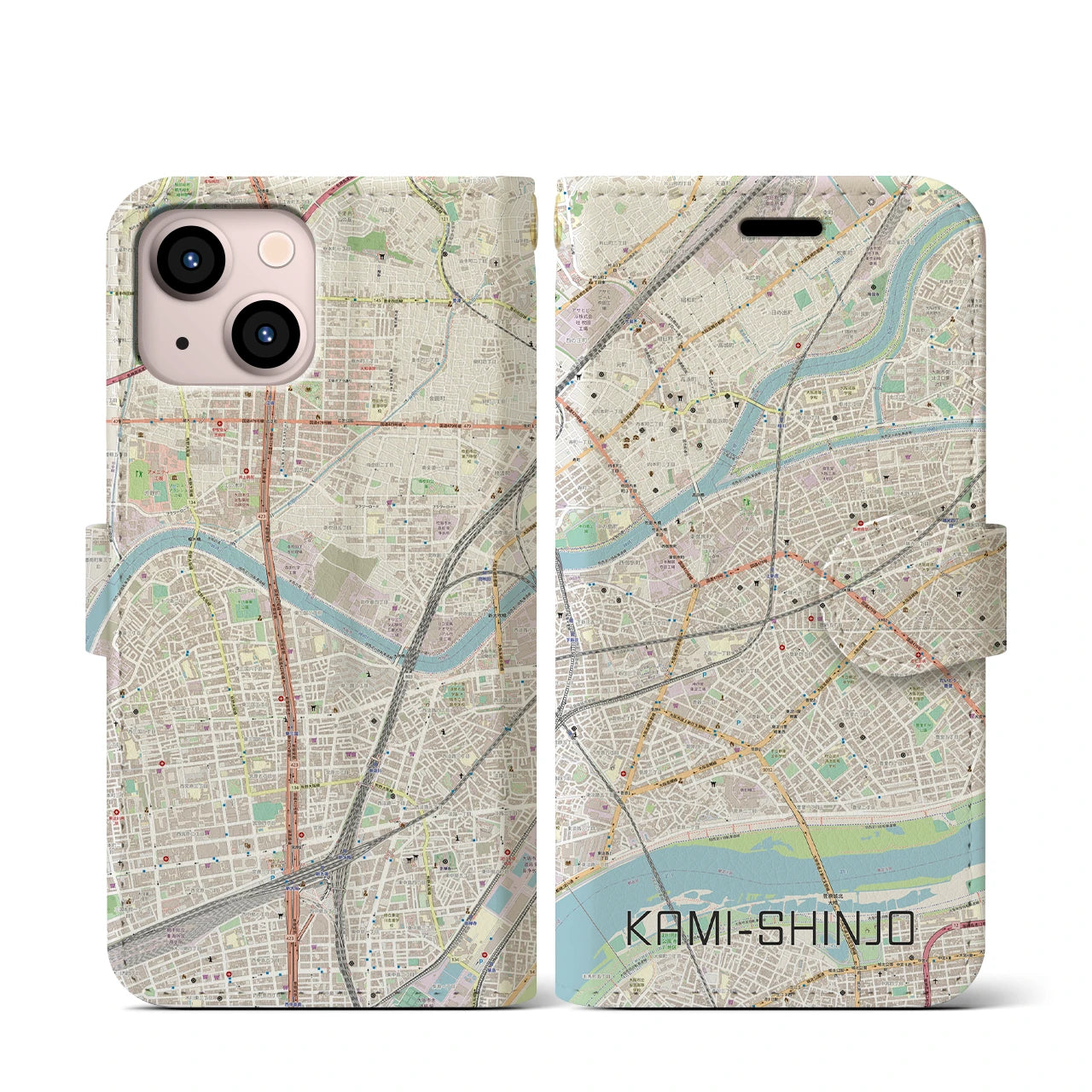 【上新庄（大阪府）】地図柄iPhoneケース（手帳タイプ）ナチュラル・iPhone 13 mini 用