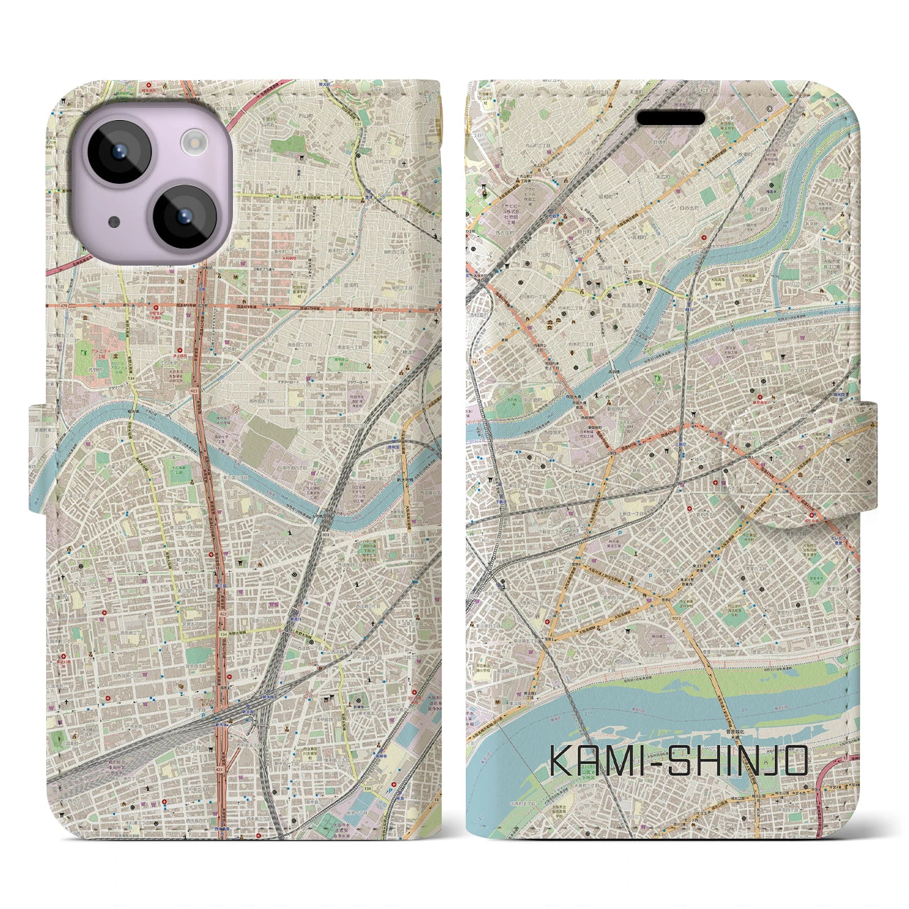 【上新庄（大阪府）】地図柄iPhoneケース（手帳タイプ）ナチュラル・iPhone 14 用