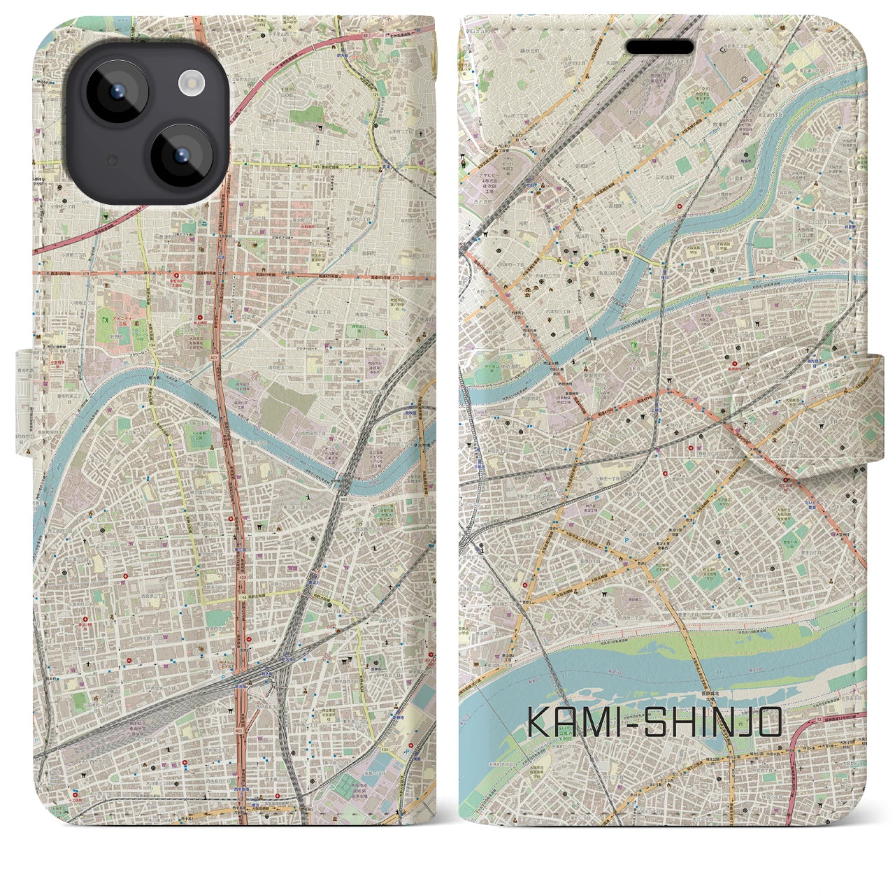 【上新庄（大阪府）】地図柄iPhoneケース（手帳タイプ）ナチュラル・iPhone 14 Plus 用