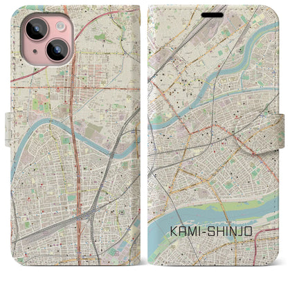 【上新庄（大阪府）】地図柄iPhoneケース（手帳タイプ）ナチュラル・iPhone 15 Plus 用
