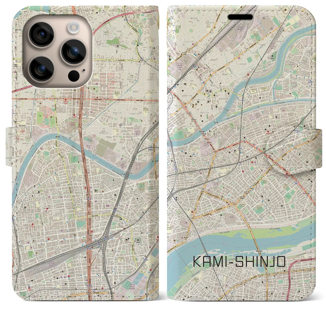 【上新庄（大阪府）】地図柄iPhoneケース（手帳タイプ）ナチュラル・iPhone 16 Plus 用