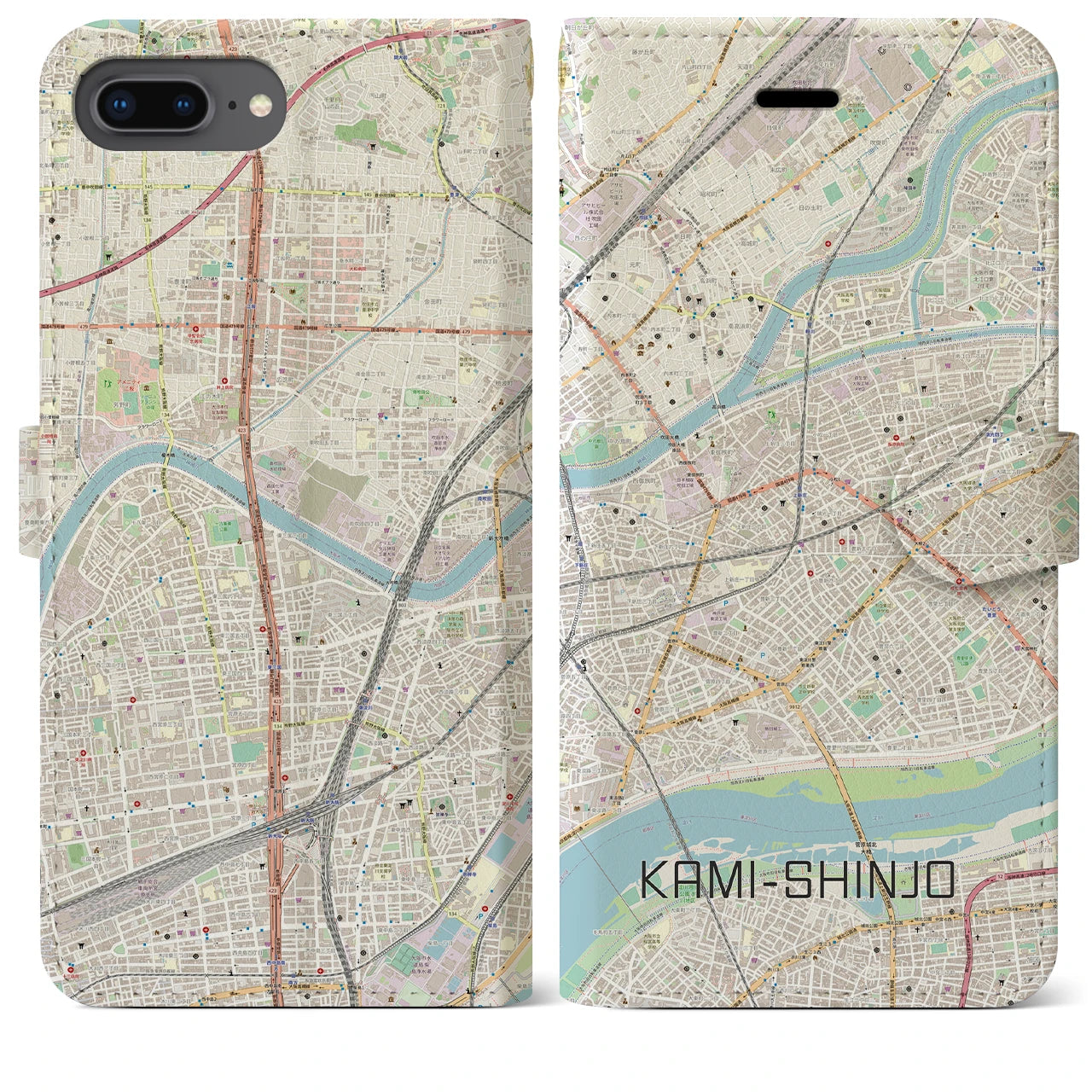 【上新庄（大阪府）】地図柄iPhoneケース（手帳タイプ）ナチュラル・iPhone 8Plus /7Plus / 6sPlus / 6Plus 用