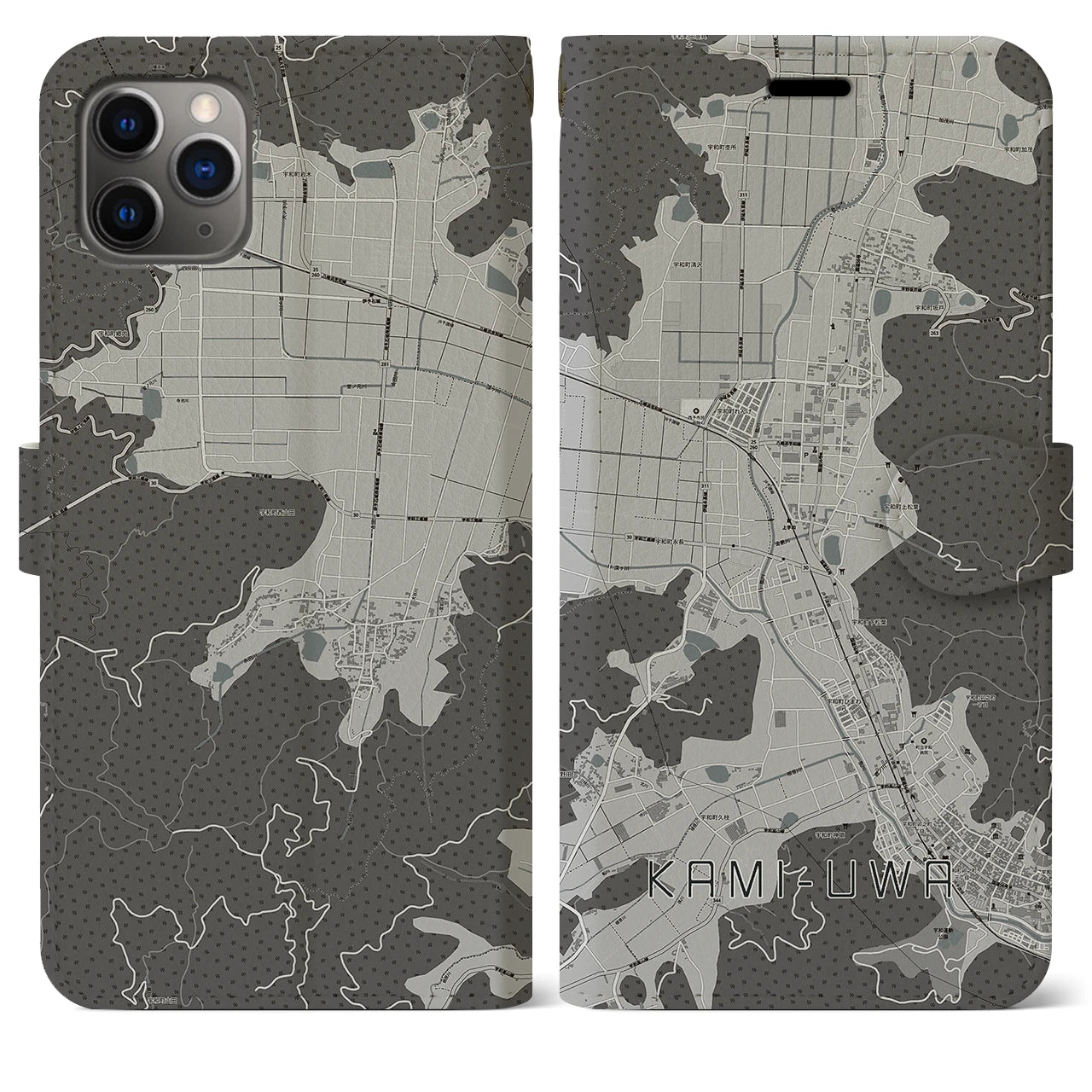 【上宇和】地図柄iPhoneケース（手帳両面タイプ・モノトーン）iPhone 11 Pro Max 用