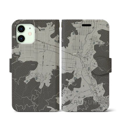 【上宇和（愛媛県）】地図柄iPhoneケース（手帳タイプ）モノトーン・iPhone 12 mini 用