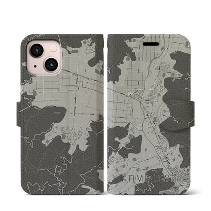 【上宇和（愛媛県）】地図柄iPhoneケース（手帳タイプ）モノトーン・iPhone 13 mini 用