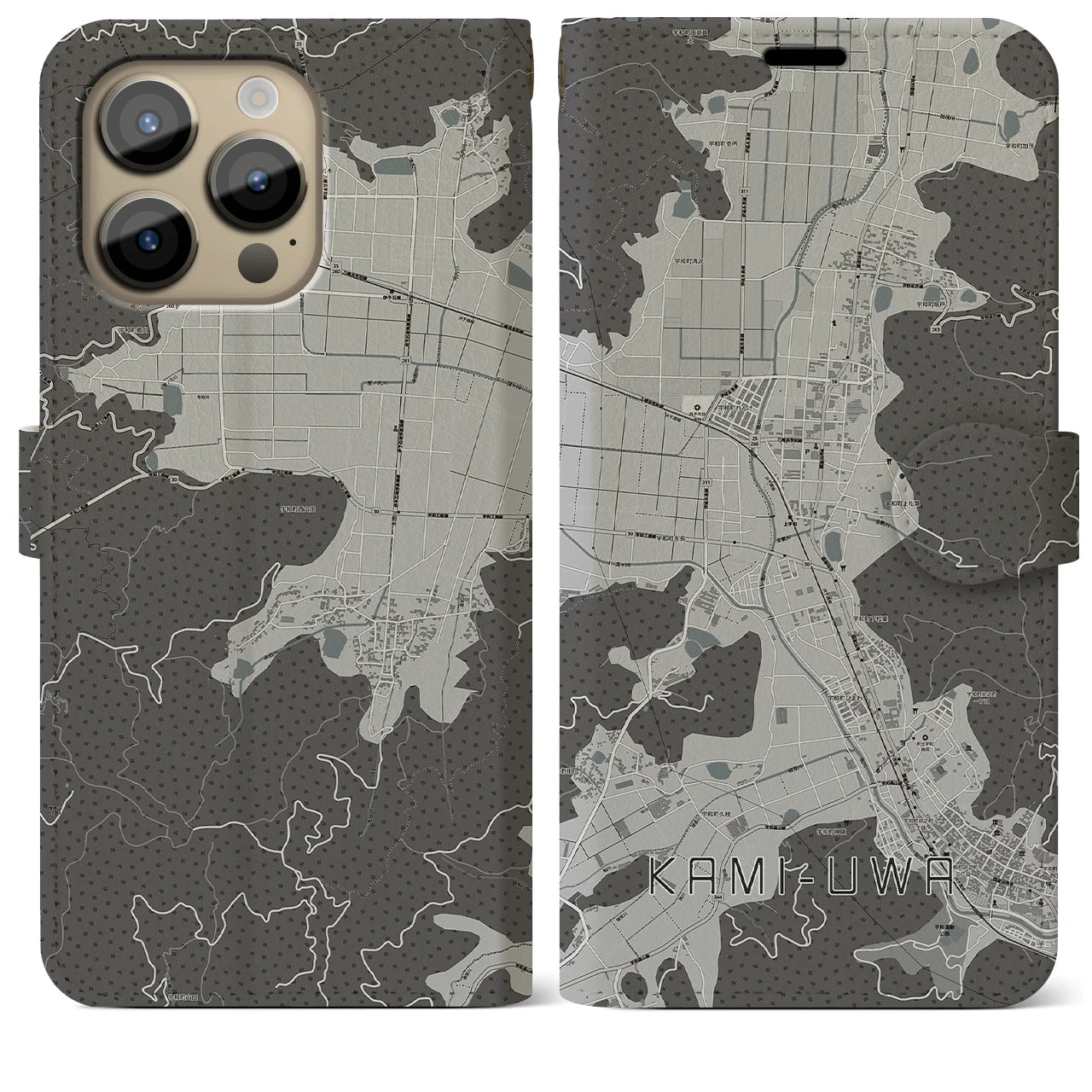 【上宇和】地図柄iPhoneケース（手帳両面タイプ・モノトーン）iPhone 14 Pro Max 用