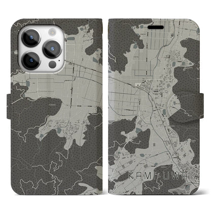 【上宇和（愛媛県）】地図柄iPhoneケース（手帳タイプ）モノトーン・iPhone 14 Pro 用