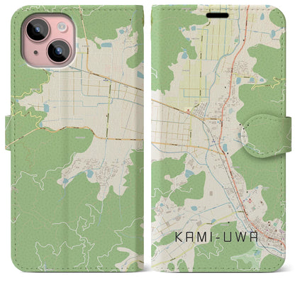 【上宇和（愛媛県）】地図柄iPhoneケース（手帳タイプ）ナチュラル・iPhone 15 Plus 用