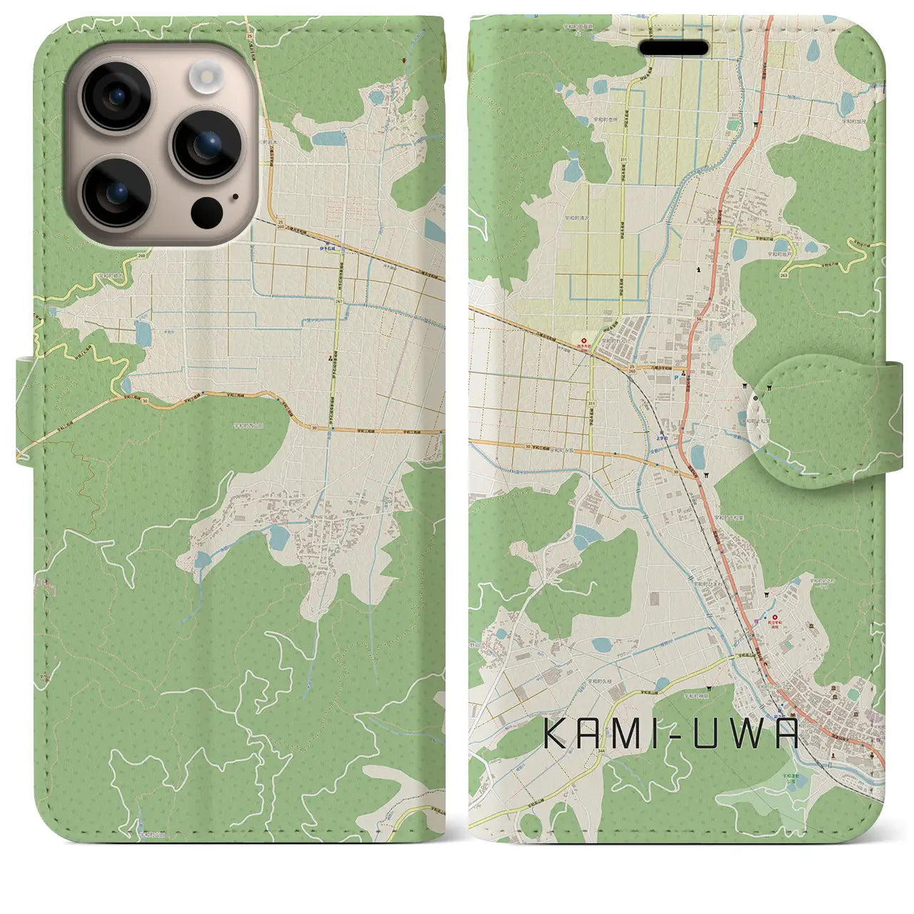 【上宇和（愛媛県）】地図柄iPhoneケース（手帳タイプ）ナチュラル・iPhone 16 Plus 用