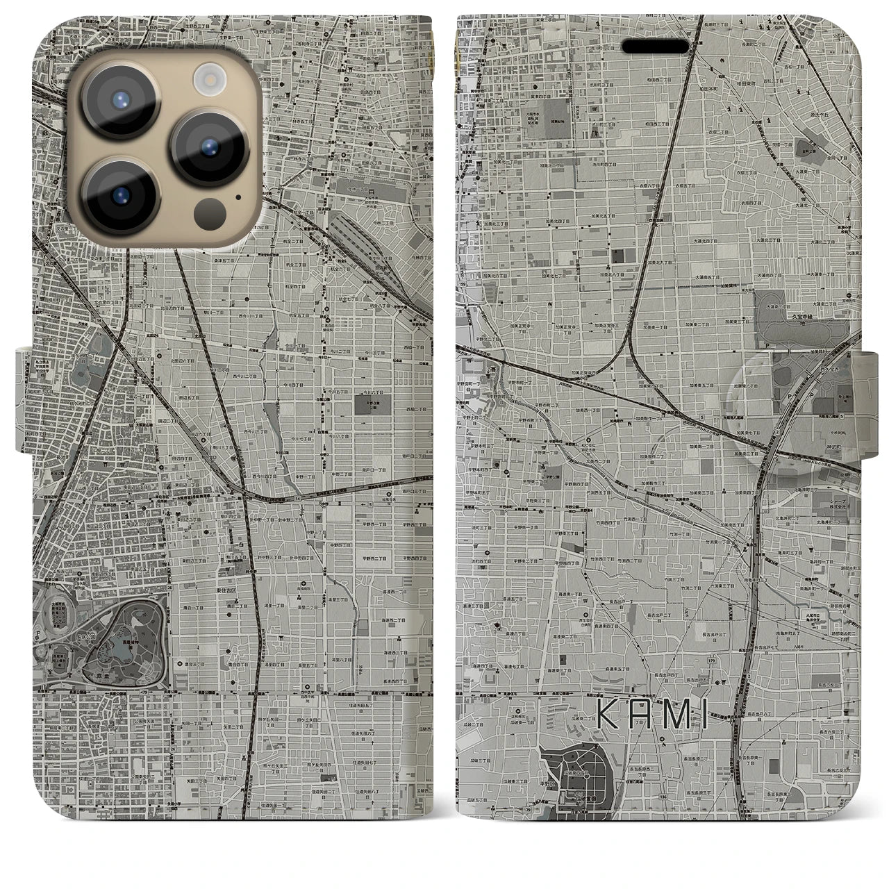 【加美】地図柄iPhoneケース（手帳両面タイプ・モノトーン）iPhone 14 Pro Max 用