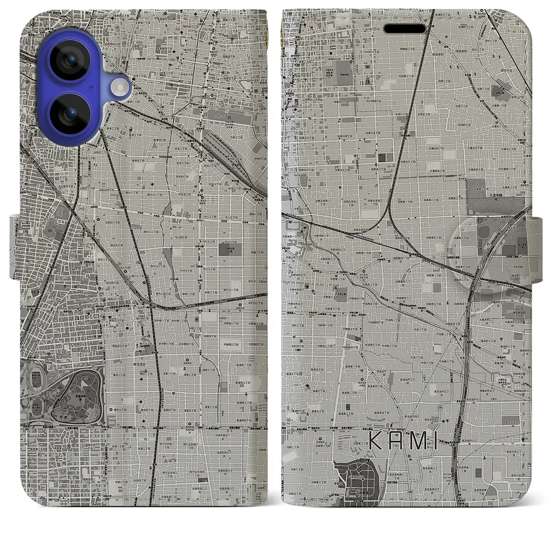 【加美(大阪府)】地図柄iPhoneケース(手帳タイプ)モノトーン・iPhone 16 Pro Max 用