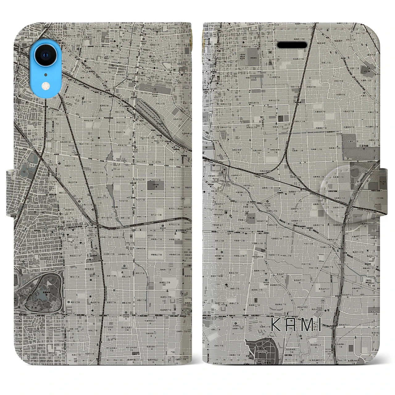 【加美】地図柄iPhoneケース（手帳両面タイプ・モノトーン）iPhone XR 用