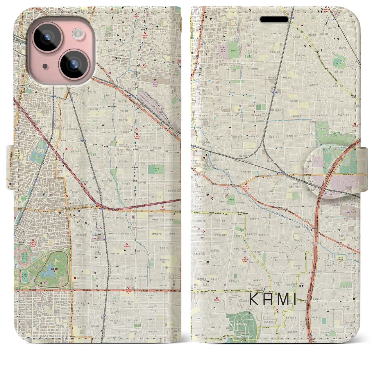 【加美（大阪府）】地図柄iPhoneケース（手帳タイプ）ナチュラル・iPhone 15 Plus 用