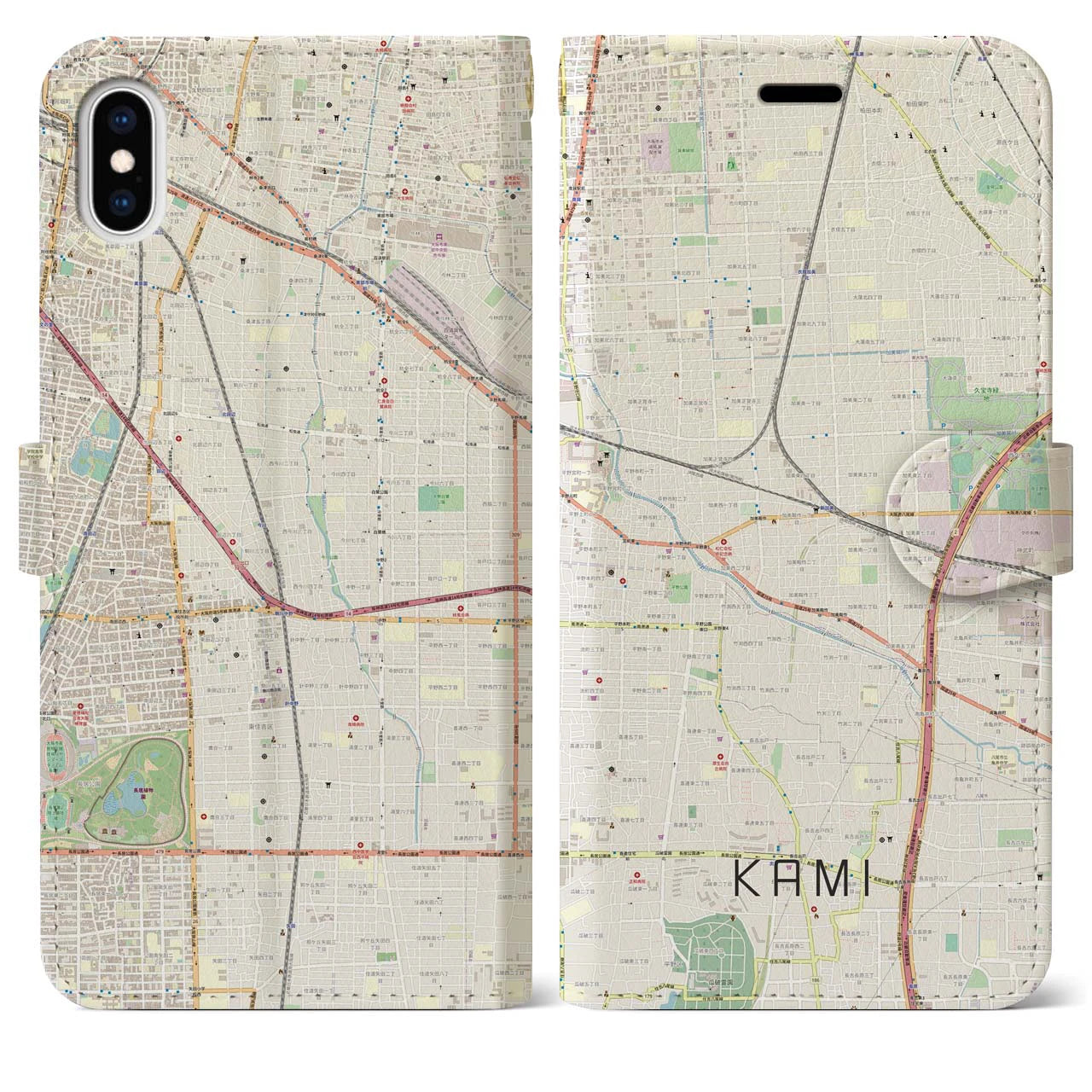 【加美（大阪府）】地図柄iPhoneケース（手帳タイプ）ナチュラル・iPhone XS Max 用